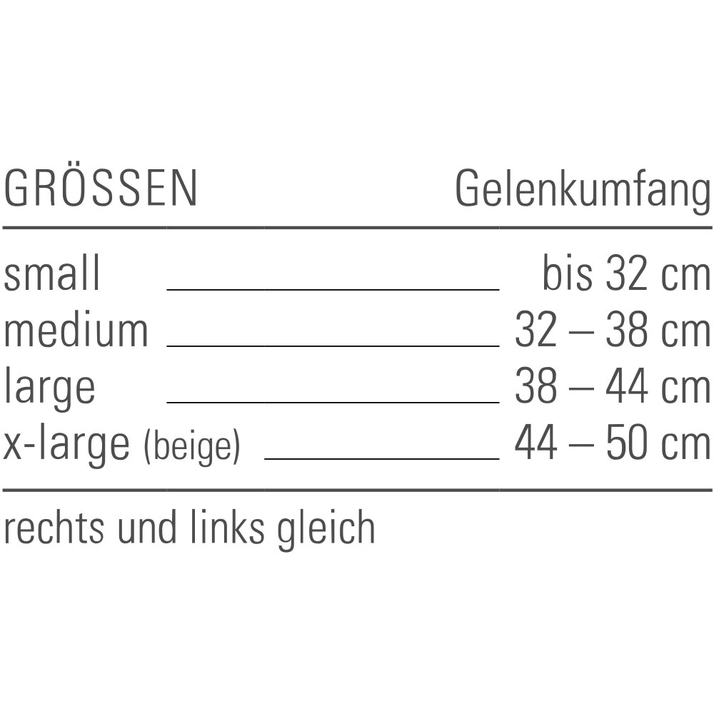 Größentabelle zum CLIMACare Gelenkwärmer mit Messpunkt am Gelenk und passenden Größen.