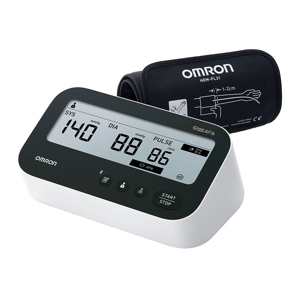 Omron Blutdruckmessgeraet M4 Connect AFib in schwarz und weiss mit Oberarmmanschette