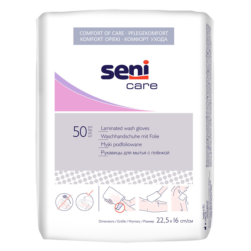 Seni Care Waschhandschuhe foliert, für die Reinigung mit Pflegeprodukten, die ohne Wasser angewendet werden