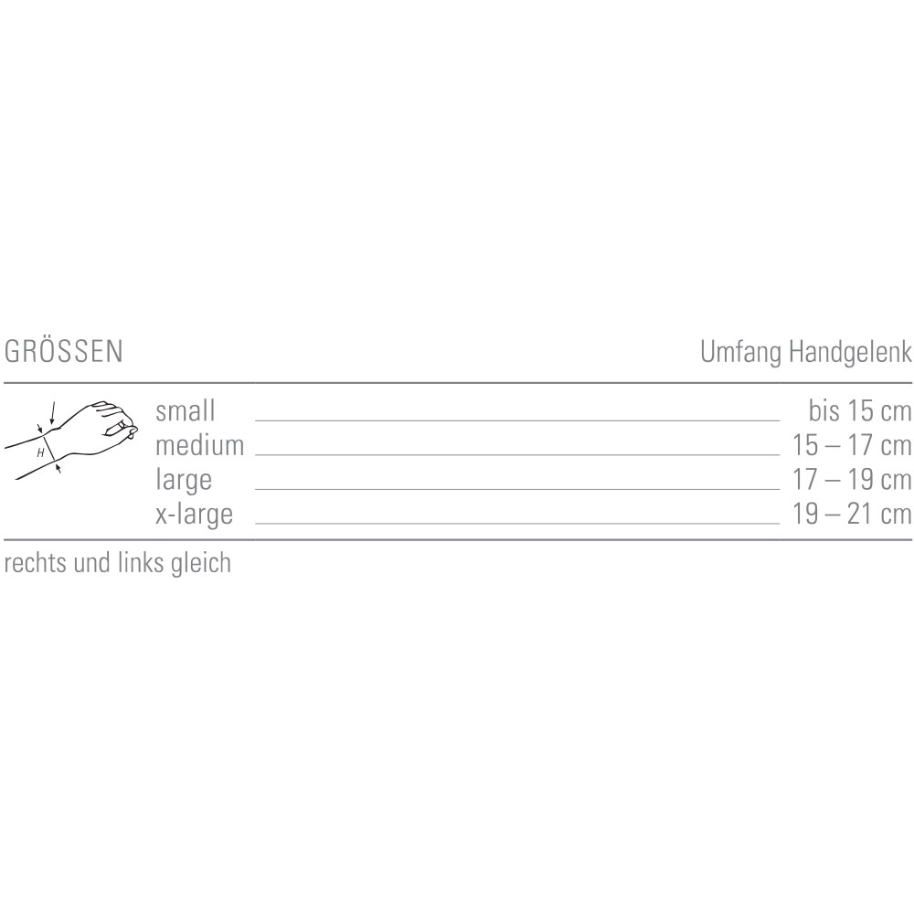 Größentabelle zur ActiveColor Sport Daumen-Hand-Bandage mit Messpunkt und passenden Größen.