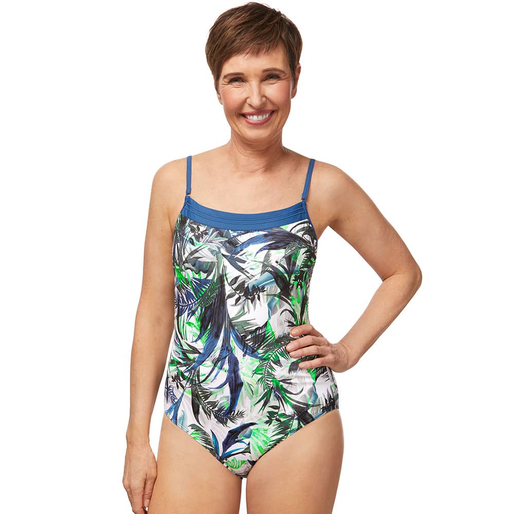 Amoena Modern Jungle OP Badeanzug blau grün Ansicht Model vorne Amoena Modern Jungle OP Badeanzug blau grün Ansicht Model vorne