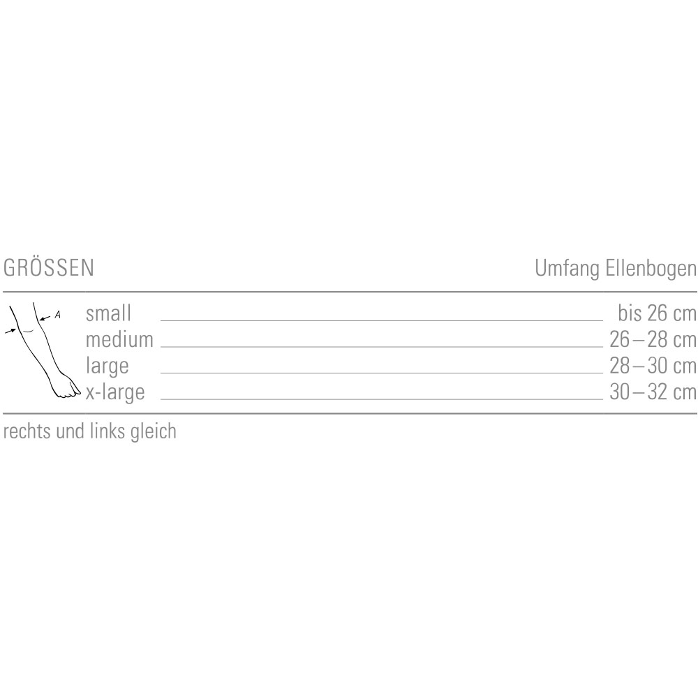 Größentabelle zur ActiveColor Sport Ellenbogenbandage mit Messpunkt am Ellenbogen und passenden Größen.