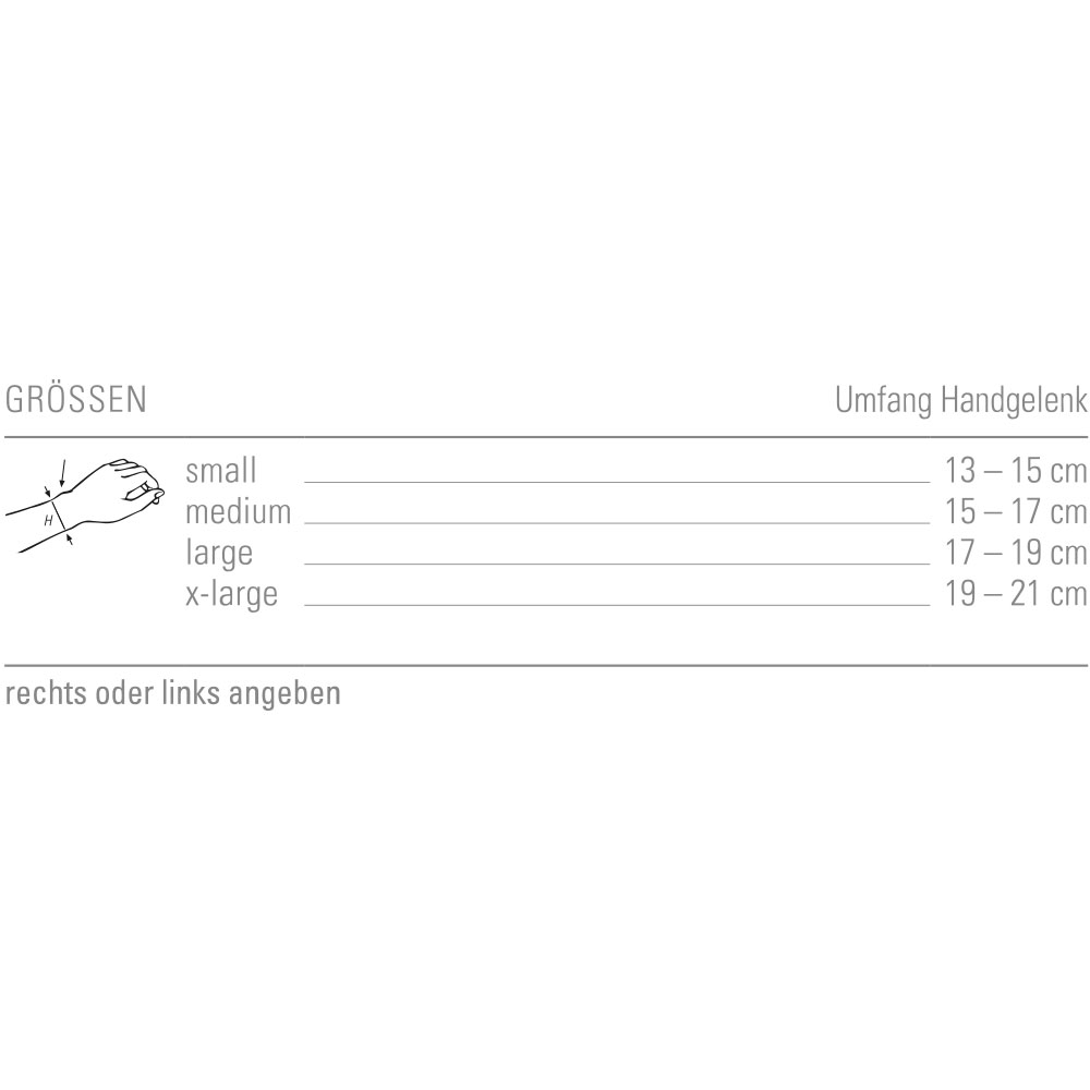 Größentabelle zur activemed Handgelenkbandage mit Messpunkt am Handgelenk und passenden Größen.
