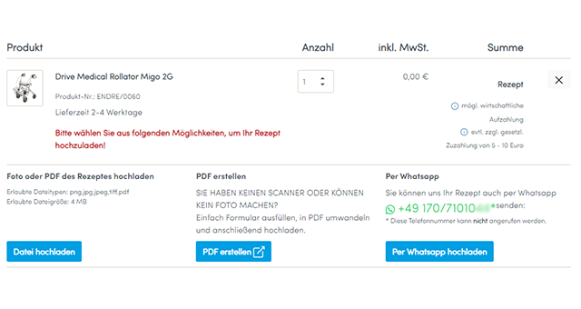 Rezeptbestellung Warenkorbübersicht PDF erstellen, Bild oder PDF hochladen, per WhatsApp senden: Sie haben 3 Möglichkeiten